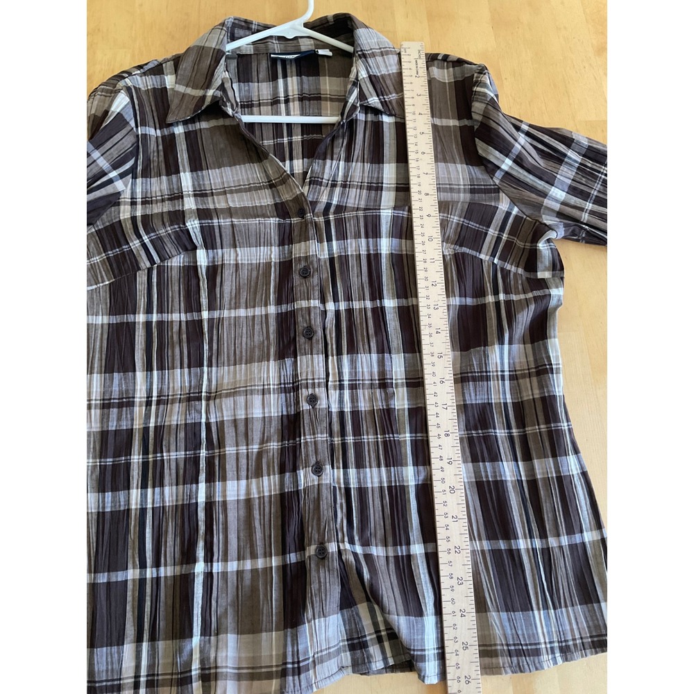 Christopher & Banks Brown Plaid Crinkle 3/4 Roll Tab Sleeve Button Up Shirt XL - Picture 6 of 8